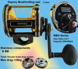 Osprey boat casting reel. Boat reel with thruster drag system.